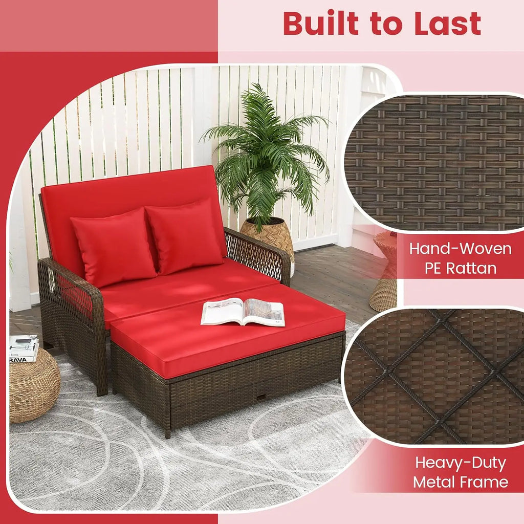 Outdoor Daybed, Wicker Loveseat Sofa Set with Storage Ottoman, 4-Level Adjustable Backrest, Sofa Pillows &, Customized