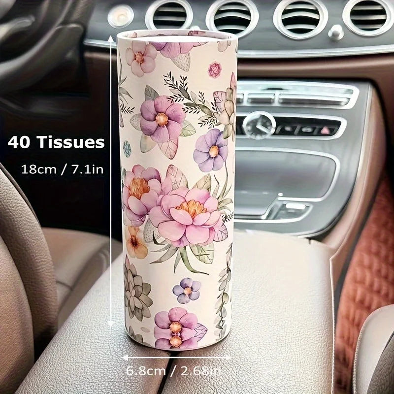 4Rolls Floral Car Tissue - Cylindrical Paper Towel Tube, Hand Wiping Paper for Car Seat, Includes Face Towels, Car Tissue Holder