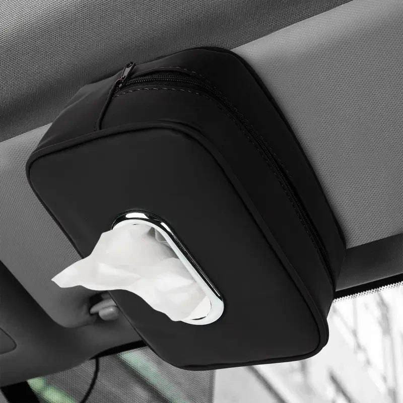 Universal Black Leather Car Tissue Bag with Chrome Metal Opening Hanging Headrest Napkin Box Cover
