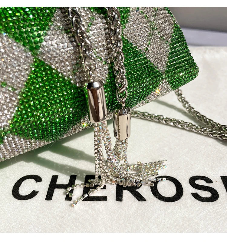 Luxury Designer Green Plaid Rhinestones Diamond Evening Clutch Bag Wedding Party Bucket Purse Women's Handbag Crossbody Bag