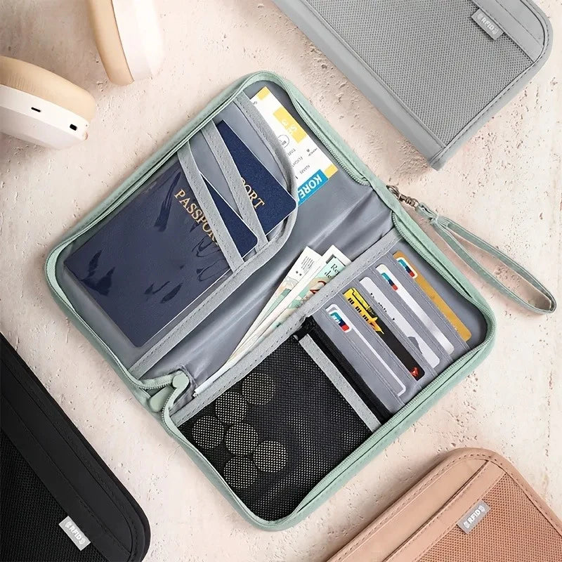 RFID Blocking Passport Holder Travel Document Organizer with Wrist Strap Multifunctional Zippered Wallet for Airline Tickets Car