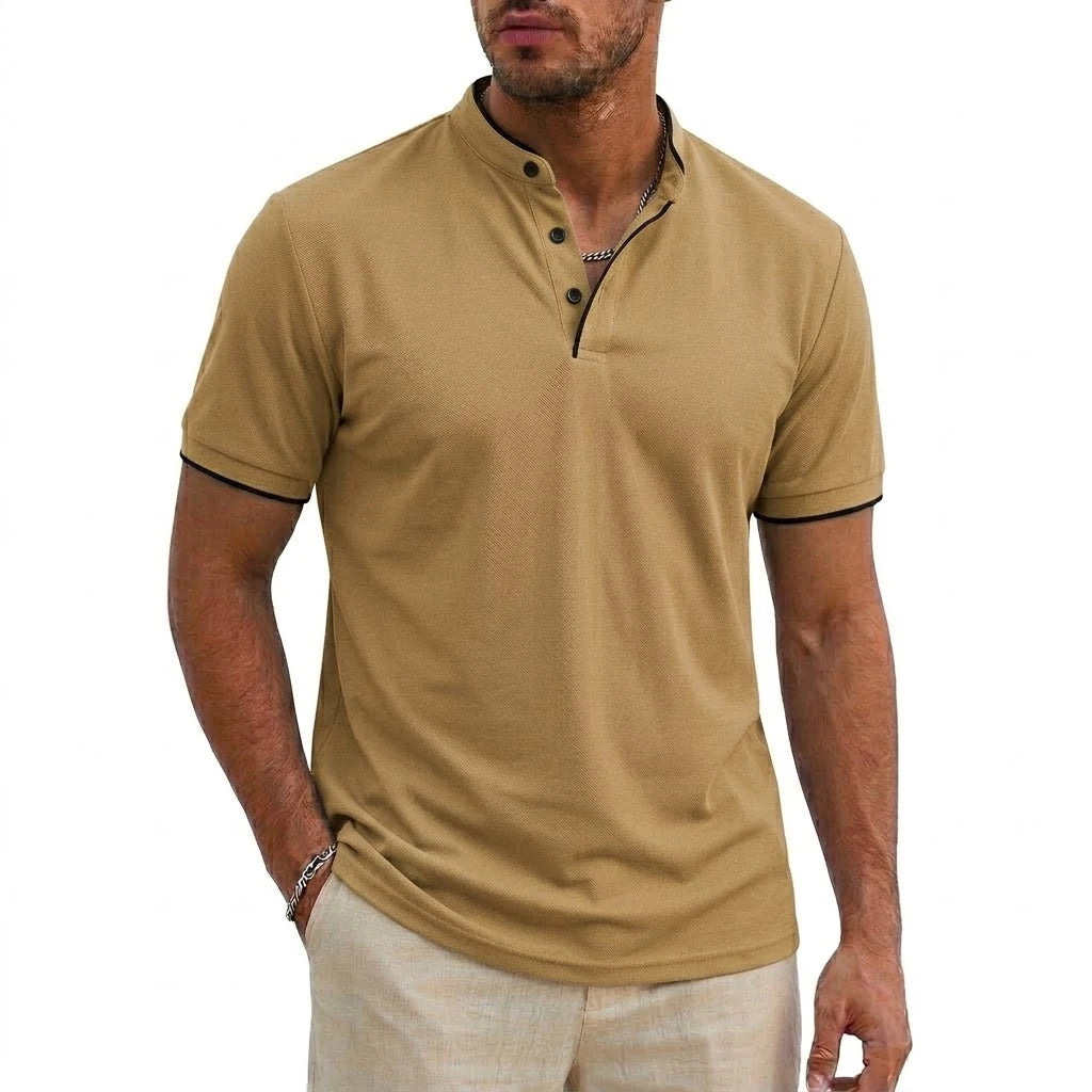 Men Short Sleeve Henley T-Shirt Summer Casual Solid Button-up Shirt V Neck Tee Fitness Breathable Classic Collarless Pullover