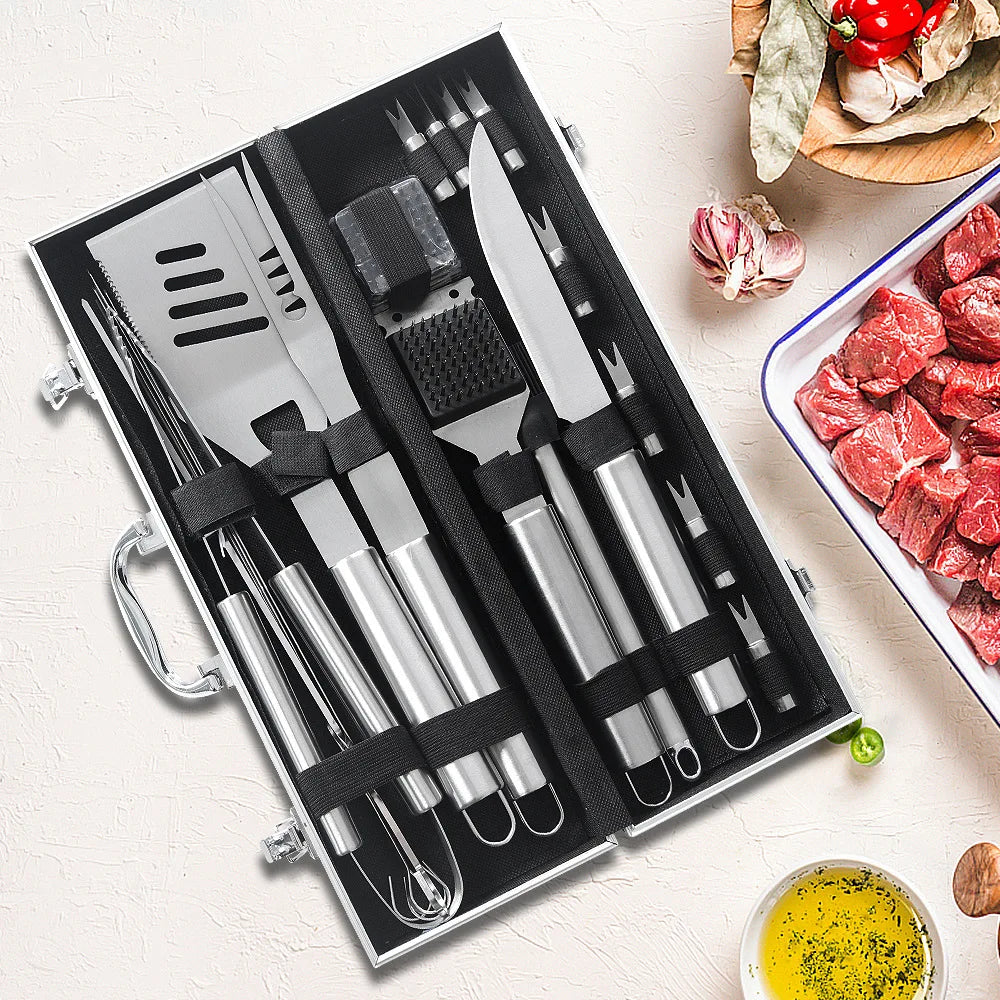 Stainless Steel Grillware Aluminium Case Set Grill Knife Fork Spatula Brush Outdoor BBQ Tools Combination Set