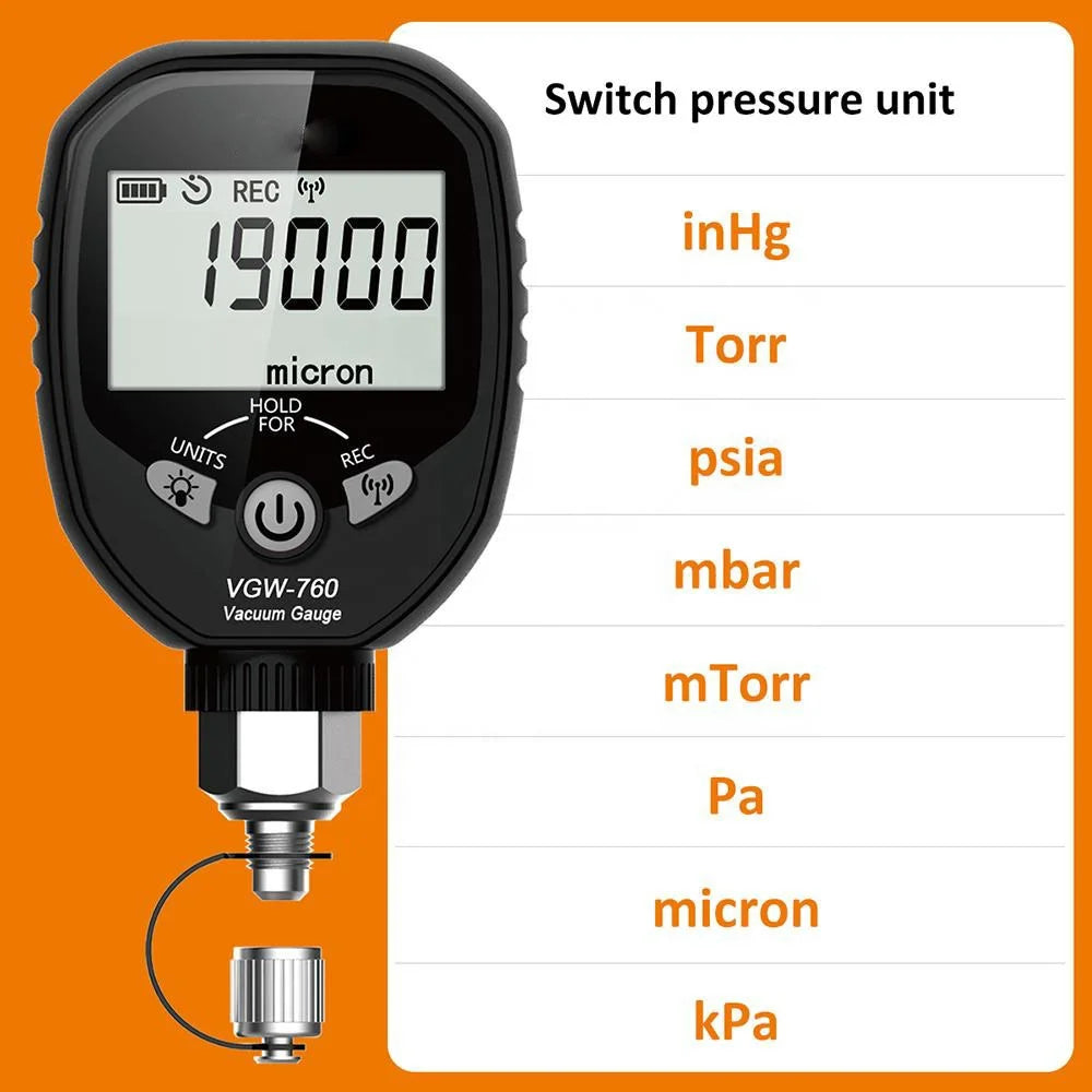 VGW-760 Wireless Digital Vacuum Gauge Bluetooth Micron Meter HVAC Refrigeration Vacuum Meter Leak Testing 1/4 SAE