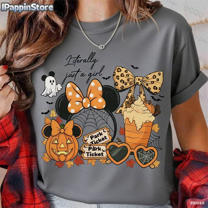 Pumpkin Mickey Halloween Short Sleeve Summer Sport Casual Women's Clothing Streetwear Classic Creative Pullover Y2K Streetwear