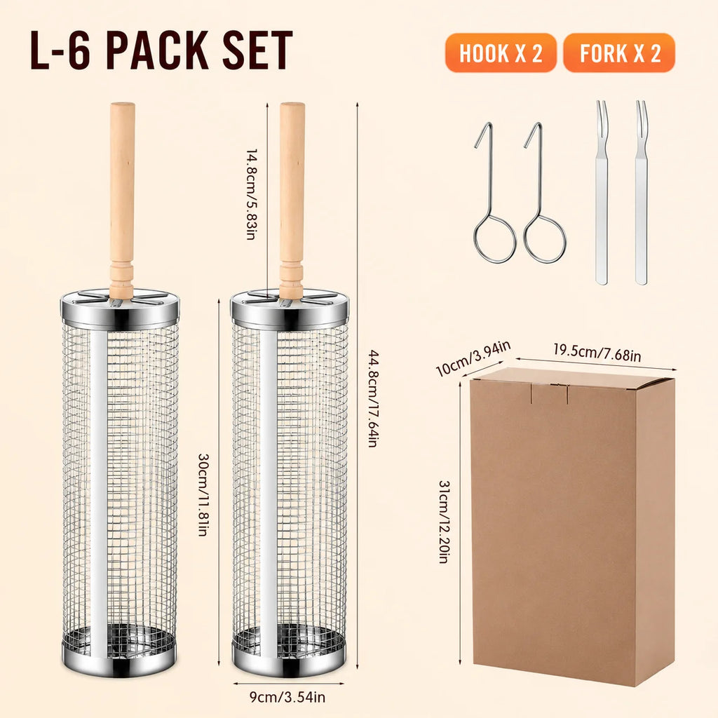 4/6/8 Pack Stainless Steel Rolling Grilling Basket Set Wooden Handle Outdoor Camping BBQ Vegetable Meat Grilling Accessories