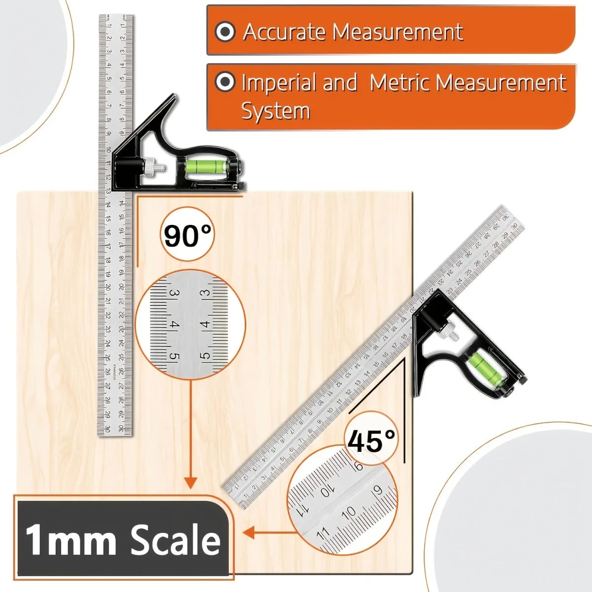Plastic Base, Metal Aluminum Combination Square with Movable Horizontal Scale, Suitable for 90° and 45° Angle Marking
