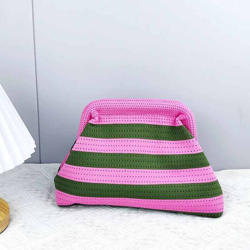 Summer Beach Clutch Purses for Women Crochet Woven Ruched Dumpling Hobo Bag Striped Color Evening Handbag Pool Knit Clutch