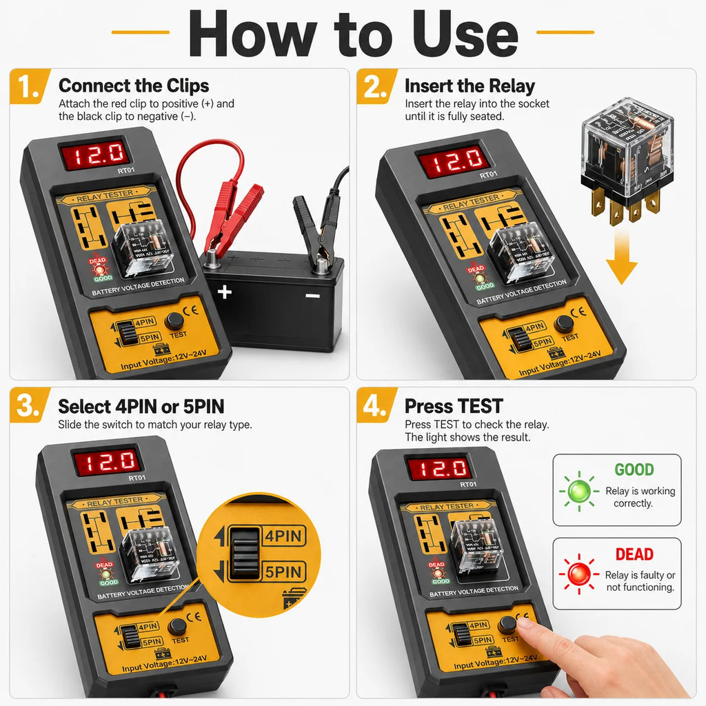 RT01 Car Relay Tester with Battery Clamps, 12V Universal 4/5 Pin Relay Test Tool, Heavy-Duty Automotive Electrical Diagnostic Eq