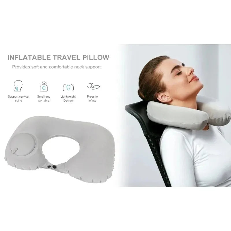 1pc U-shaped Inflatable Travel Pillow Portable Push-type Support Cushion Travel Outdoor Folding  Neck Pillow Throw Pillow