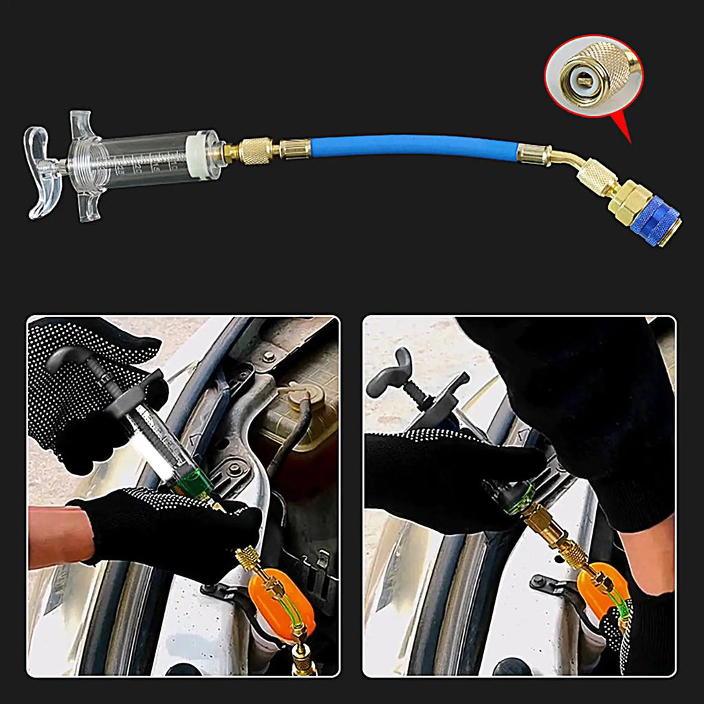 Car A/C Oil&Dye Injector 1Oz with R134A Low Side Quick Coupler Adapter 1/4 Air Conditioning Oiler Injection Syringe Repair Tools