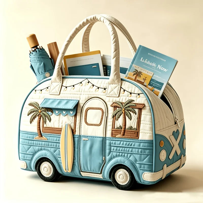 Bus-Shaped Quilted Travel Bag, Large Capacity Zipper Tote Suitable for Party, Beach, Commute & Weekend Trips - Handheld Luggage