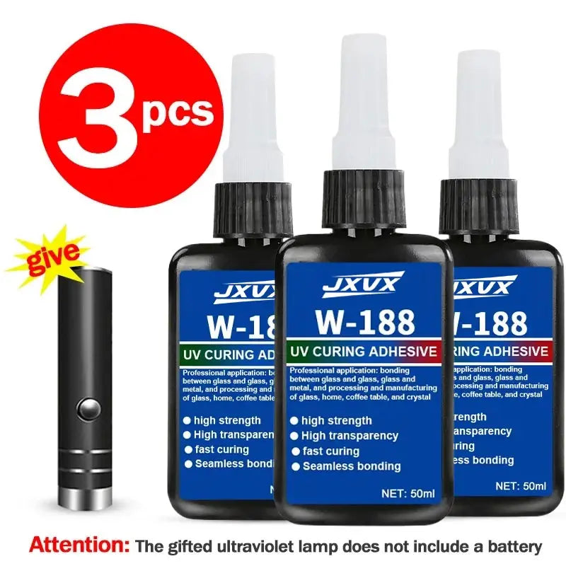 50ml New W-188 UV-Curing Resin Adhesive, High-Strength suitable for DIY projects, bonding and welding glass, metal, ceramics, and ABS materials Includes UV curing lamp, 1-3 pcs.