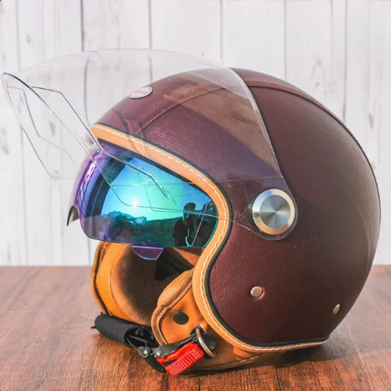 Brown Leather Original DOT ECE 3/4 Open Face Helmet MT Capacete Motorcycle Helmet JET Scooter Bike Half Helmets Cascos Para Moto