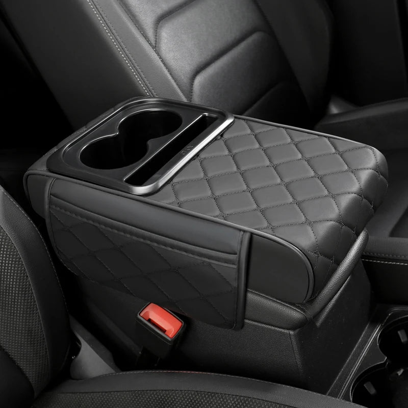 PU Leather Car Center Console Storage Height Pad with Cup Holder, Phone Card Slot, Dual Pockets or No Pocket Storage