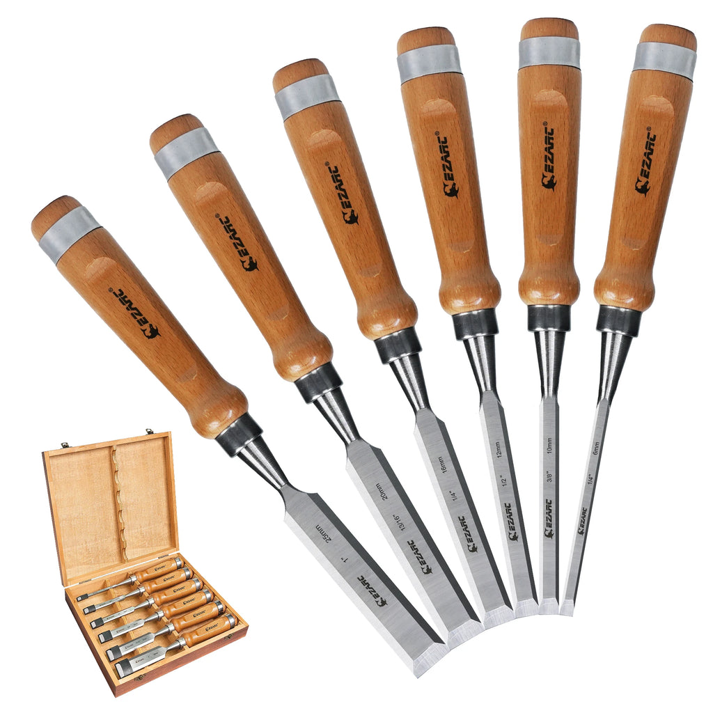 EZARC Wood Chisel Tool Sets, 6Pcs Woodworking Carving Chisel Kit with Premium Wooden Case for Carpenter Craftsman, Gift for Men