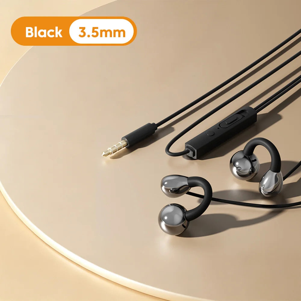 3.5MM/Type C Wired Headphones With Microphone HiFi Sound Ear Clip Wired Earphones Sports Headsets for iphone 15 16 17 Samsung