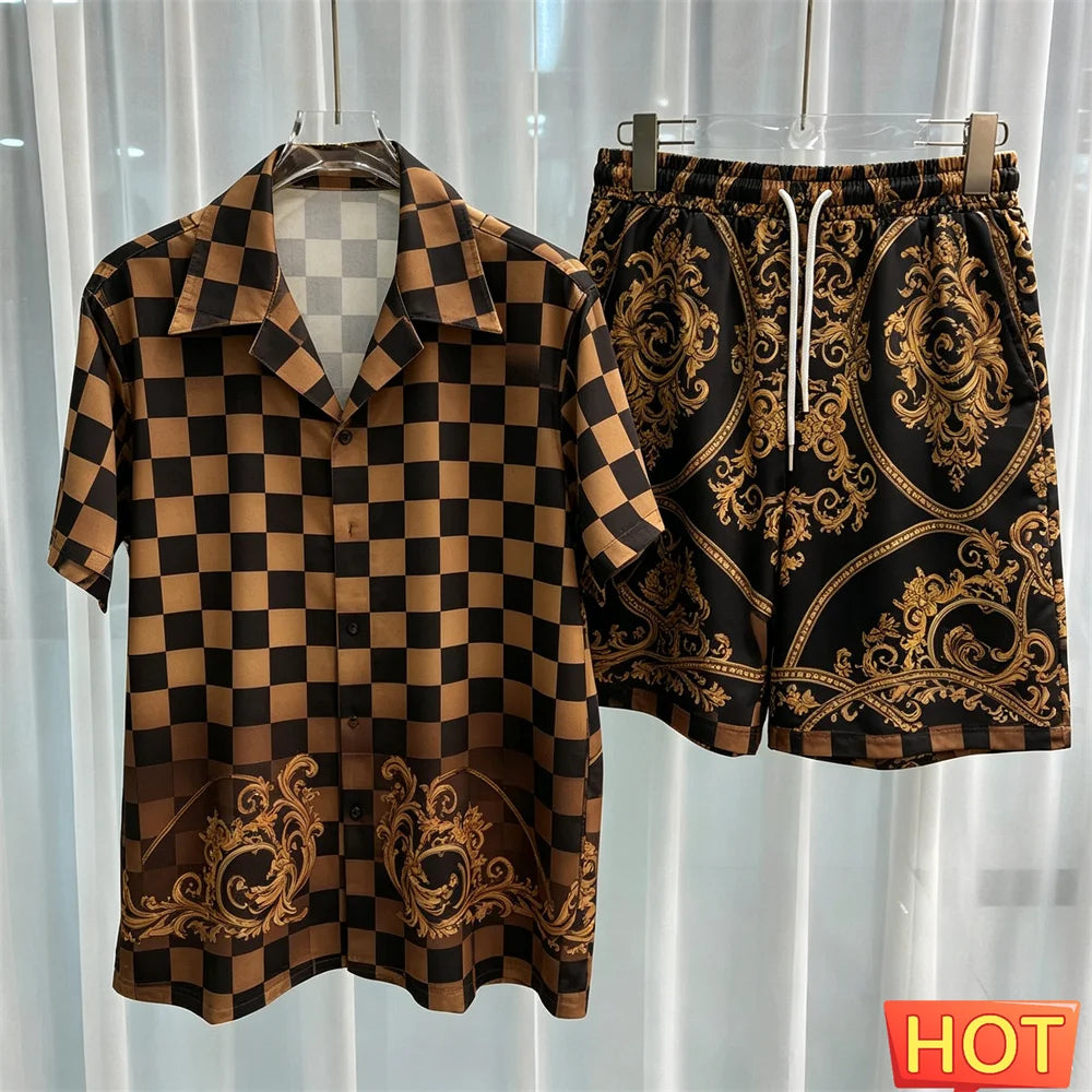Gradient Leisure vacation two-piece set Summer mens shirt set men's matching sets menswear clothing Two piece shorts shirt sets