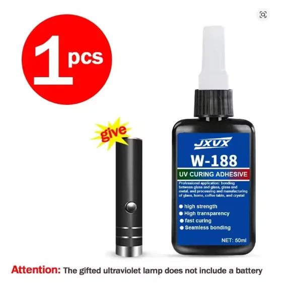 JXVX 50 g new high-strength UV curing resin adhesive W-188 is suitable for DIY process, bonding and welding glass, metal, ceramics and ABS materials. Includes 1-3 UV curing lamps.