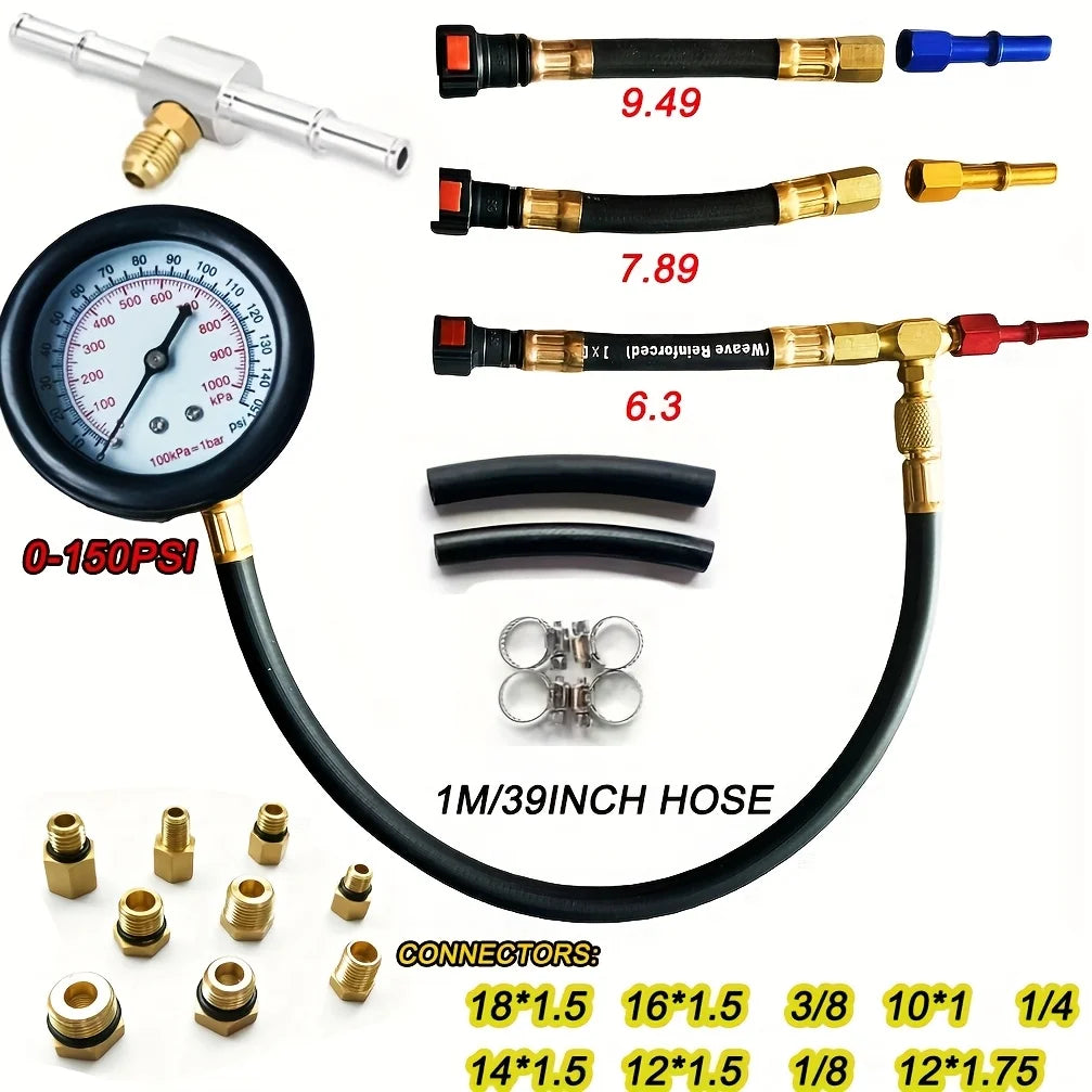 Fuel Pressure Tester Gauge Kit 150PSI Automotive Engine Injector Pump Test Motorcycle Gasoline Gas Injection Manometer Tool Set
