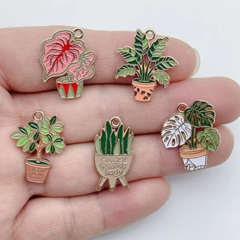 10Pcs Mixed Potted Plant Leaf Enamel Charms Alloy Small Pendants DIY Jewelry Making Accessories