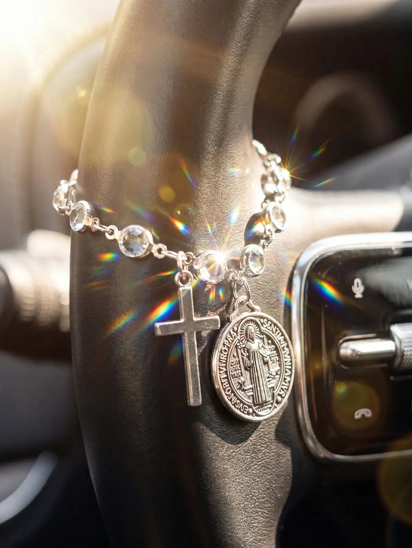 St Benedict Medal Cross Car Charm Blessed Travel Safety Amulet Religious Protective Car Interior Hanging Ornament Auto Steering Wheel Decor Handbag Charm For Women Perfect Christmas Thanksgiving New Car Gift For Family Friend