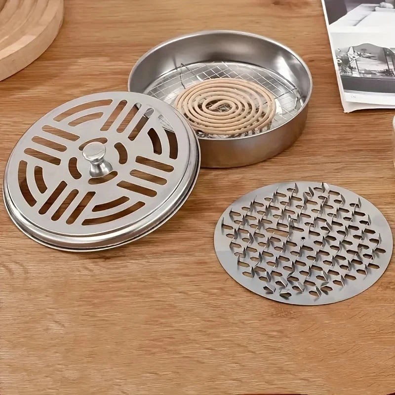 Stainless Steel Mosquito Coil Tray With Cover Large Portable Mosquito Coil Holder Box Anti-Mosquito Spiral Incense Coil Burner