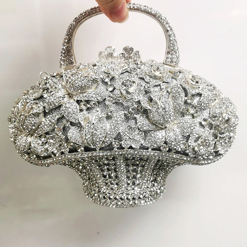 WHTUOHENG Women's Rhinestone Embellished Flower Leaves Basket Clutch Bag Luxury Diamond Evening Purse Crystal Bridal Handbag