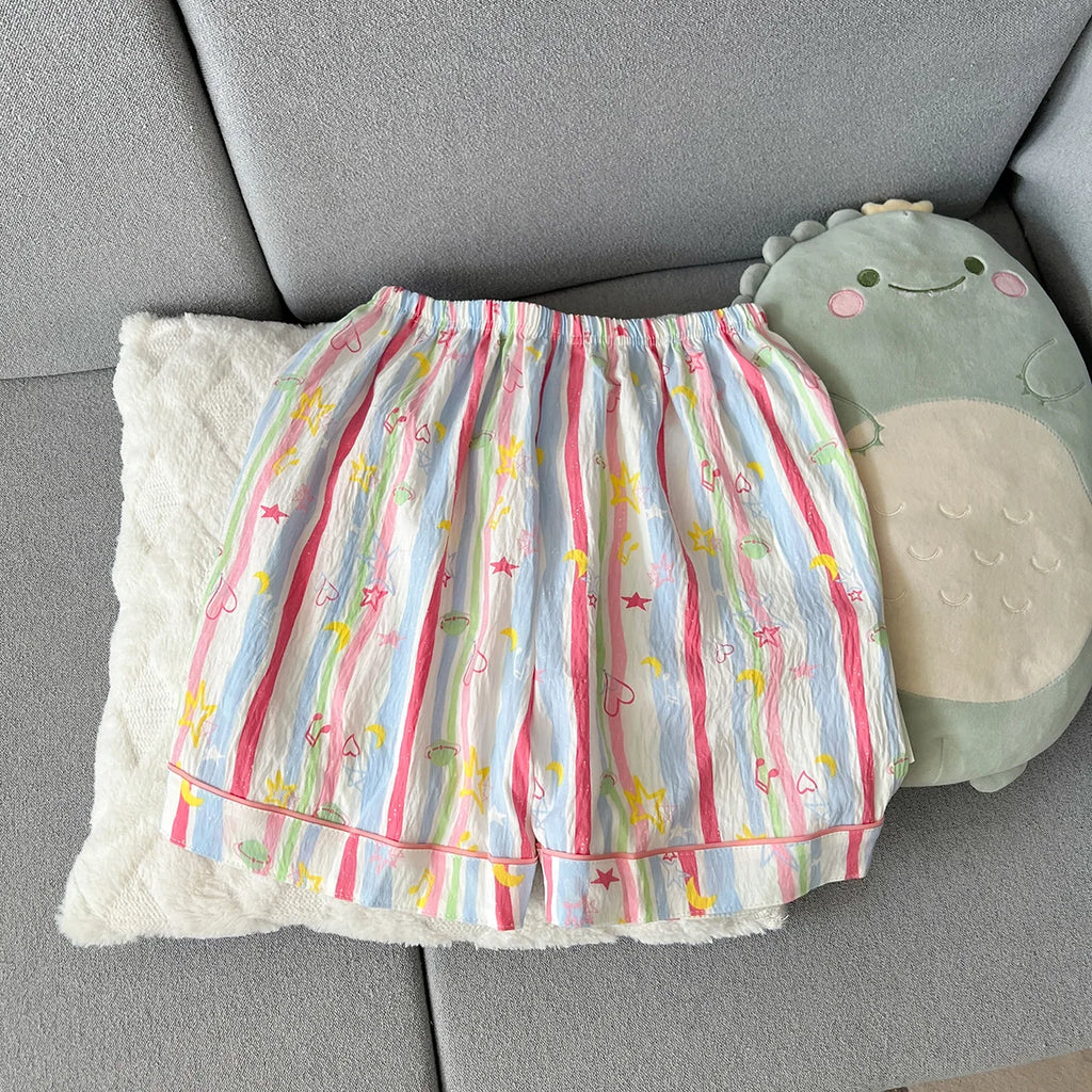 Women's Summer Pajamas, Thin Striped Pattern Short-Sleeved Shorts, Sweet and Cute, Can Be Worn Outside in Summer, Two-Piece Home Wear Set