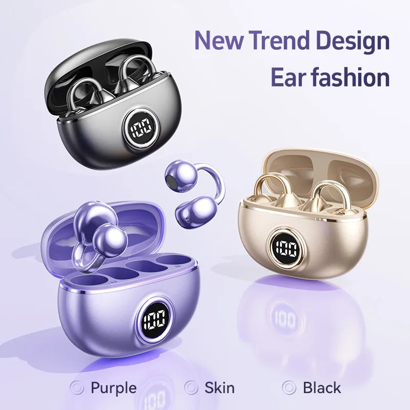 Wireless Headphones Open Ear  Bluetooth 5.4 LED Display Clip on Earbuds with Mic,Noise Cancelling,Comfortable Sports Earphones