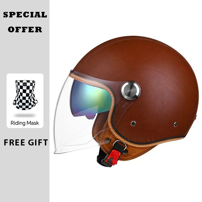 Open Face Helmet Vintage Leather Motorcycle Helmets Double Visor DOT Approved Retro 3/4 Jet Half Helmet with Inner Lens