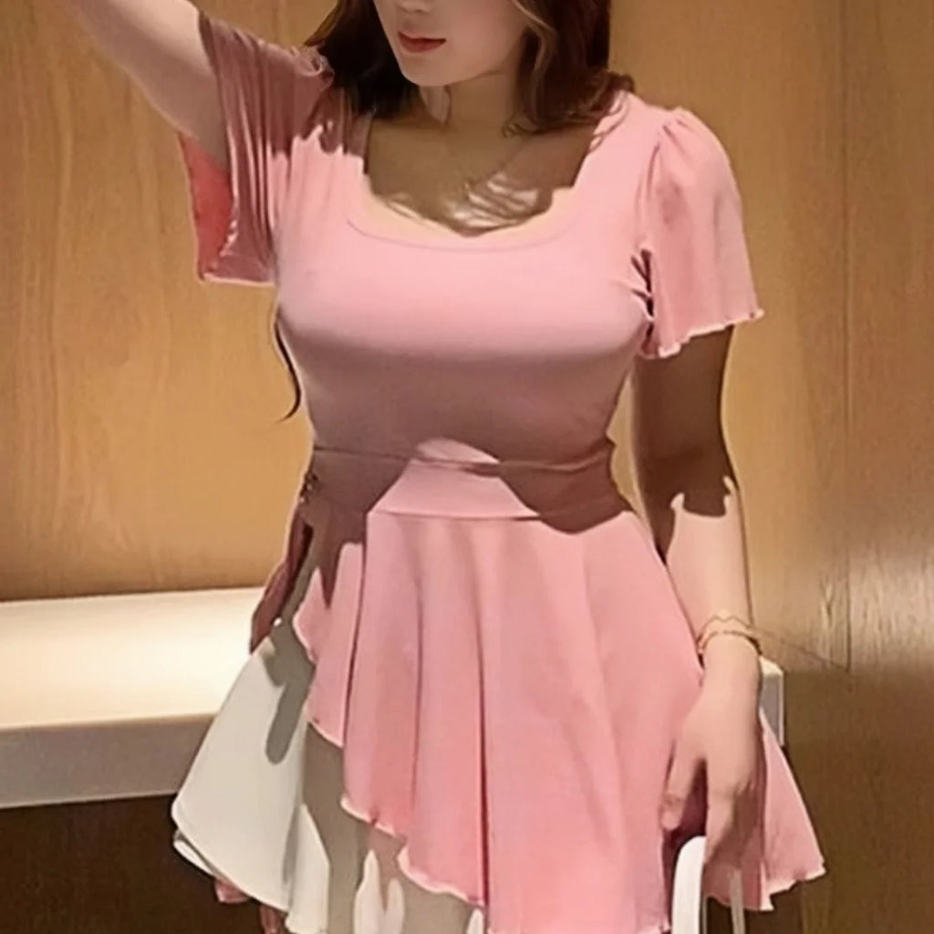 Plus Size Women's Ruffle Short Sleeve T-shirt Elastic Irregular Hem Slim Fit Shirt&Blouses Solid Summer Casual Elegance Top Chic