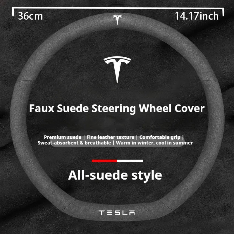 For Tesla Model 3 Model Y Model S Model X Roadster Suede Anti-slip Breathable Leather Car Steering Wheel Cover Auto Accessories
