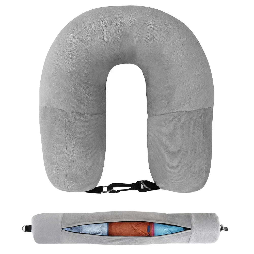 Fillable U-Shaped Travel Neck Pillow with Velvet Cover & Storage Bag - Comfortable for Airplane, Car, Office, Portable Design