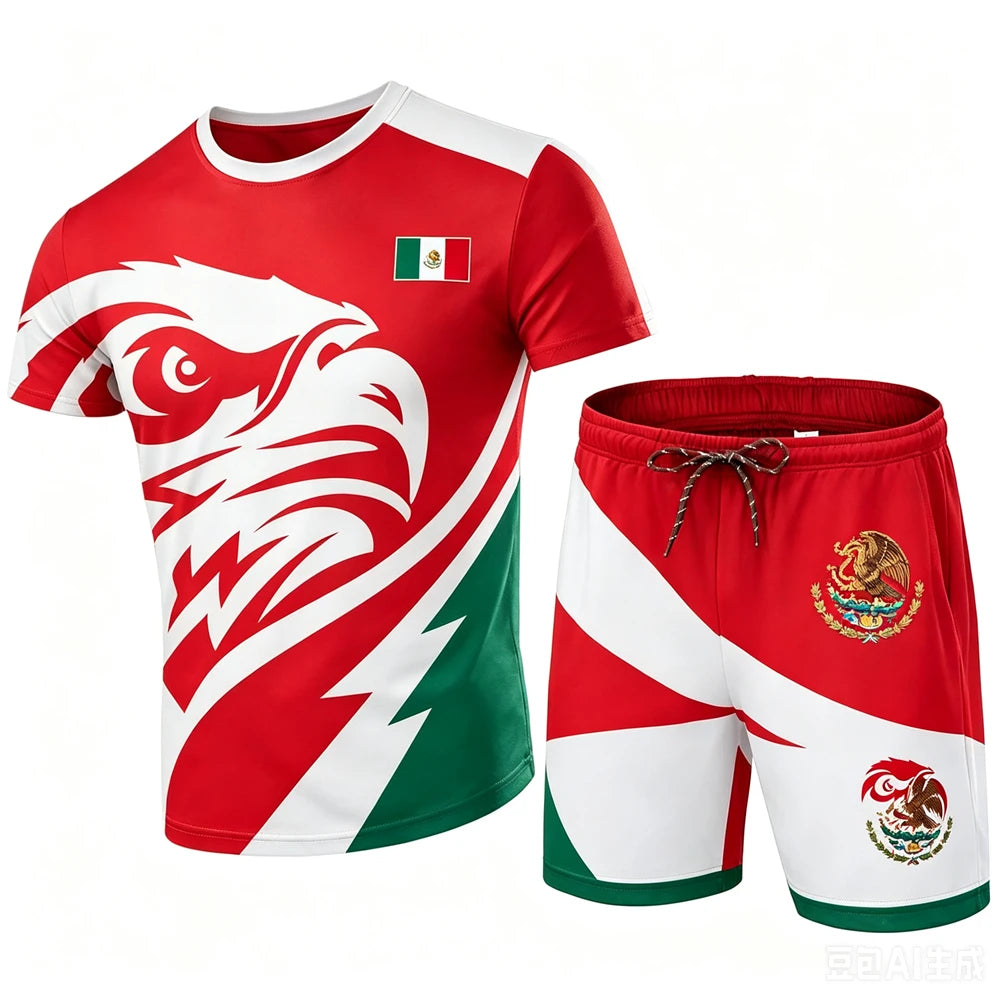 Mexico National Flag Pattern Men's Sets Fashion 3D Eagle Printing Short Sleeve Tees and Shorts 2 Piece Casual Loose Summer Suits