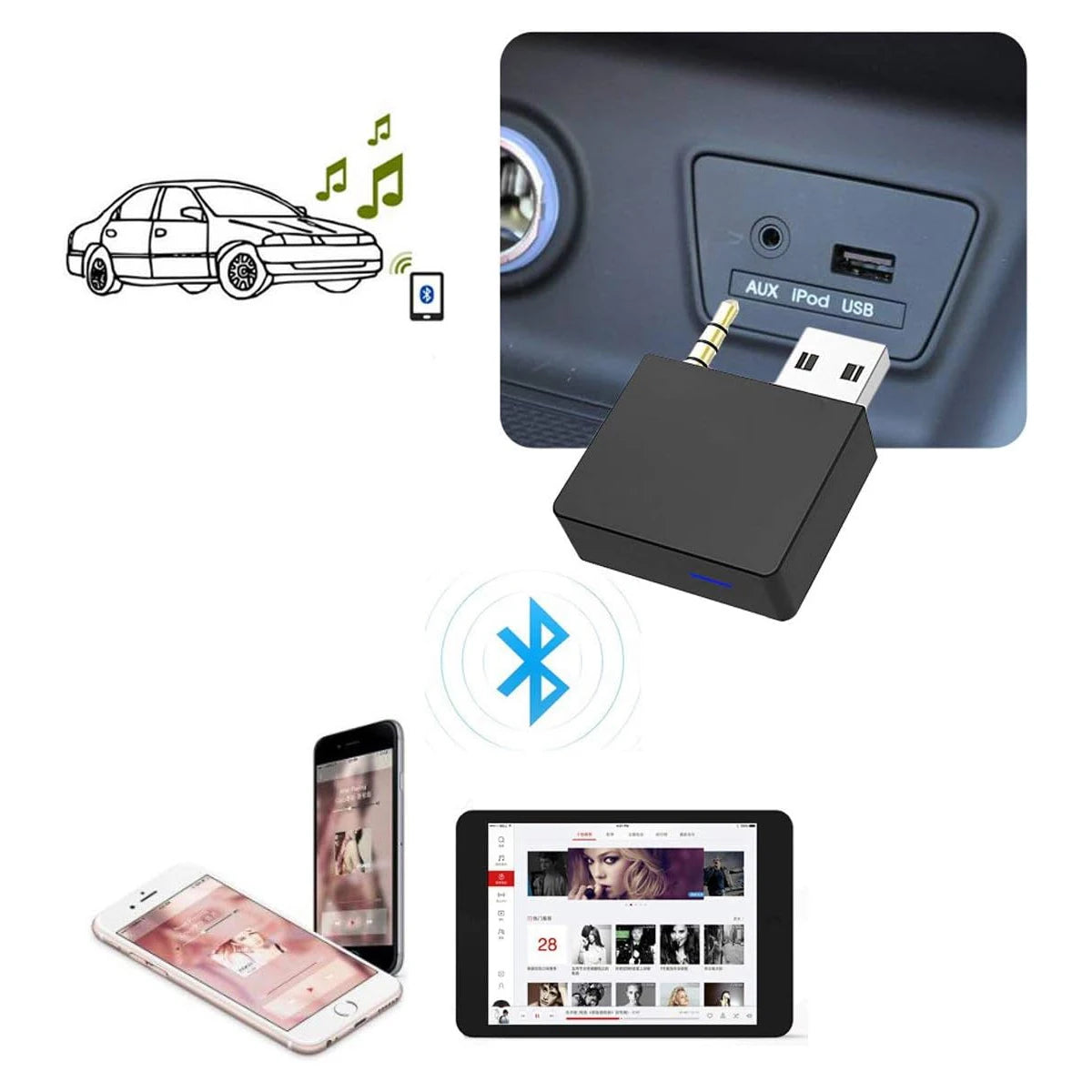 Car Aux Bluetooth Adapter for Hyundai Kia Audio Transmitter Stereo 3.5MM USB for iPhone iPad Android Phone