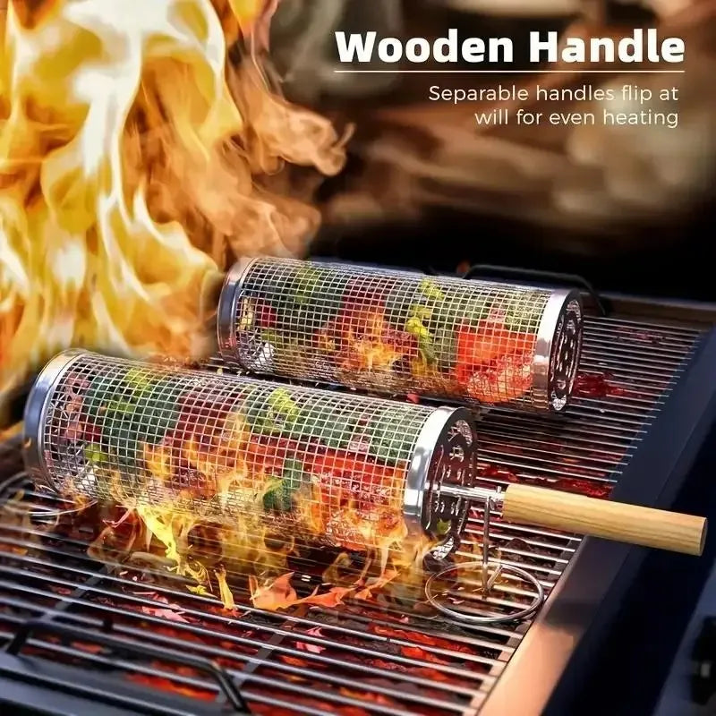 1pcs Outdoor Camping BBQ  Round Cylinder Grill Basket Stainless Steel Rolling Mesh Rack for Barbecue Food Cooking