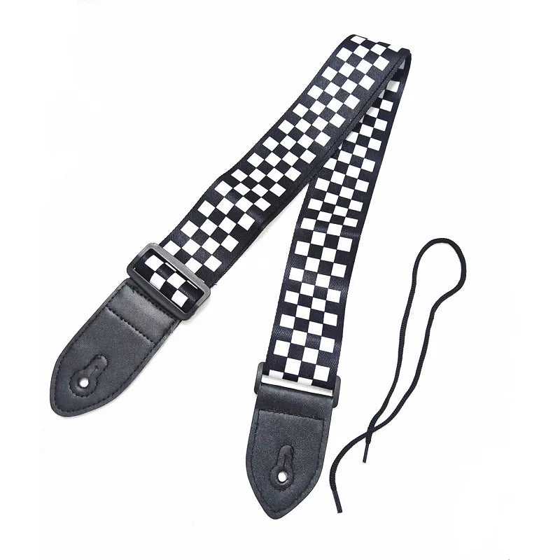 Black White Checkered Polyester Cotton PU Leather Head Ends Bass Ukulele Acoustic Electric Guitar Strap Accessories Parts