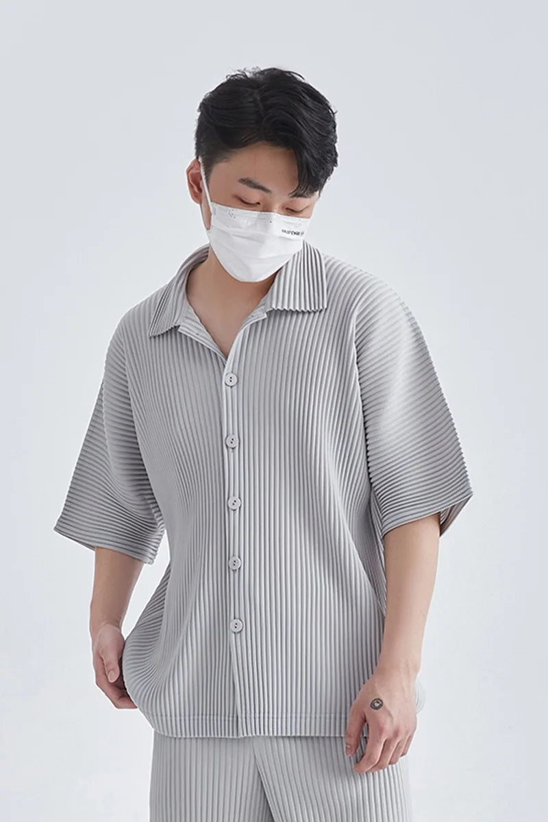 Miyake Pleated Short Sleeve Shirt Men's 2026 Classic Pleats Top Short Sleeve Summer Loose Plisse Jacket Loose Plus Size Fold Top