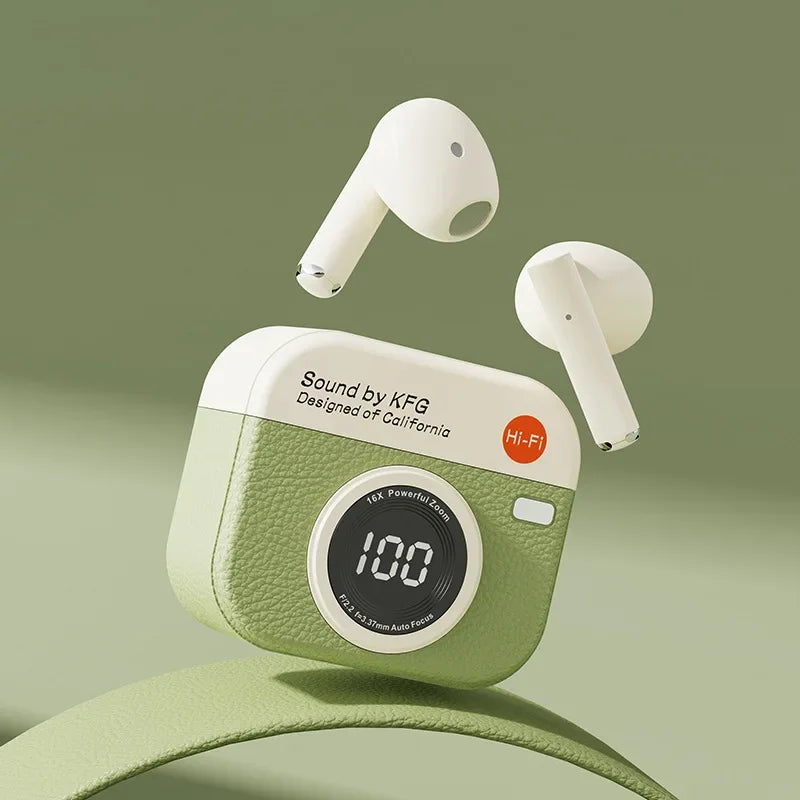Q86 Retro Camera Wireless Earbuds Semi-In-Ear Earphones with Screen Digital Display and Gaming Low Latency