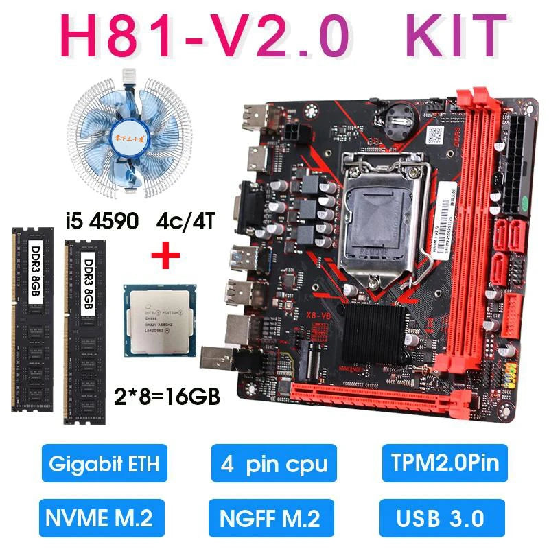 H81 Mini ITX Motherboard Set Kit with I5 4590 CPU 16GB DDR3 1600MHz Memory and CPU Cooler Combo Set Desktop PC H81 TPM 2.0 PIN