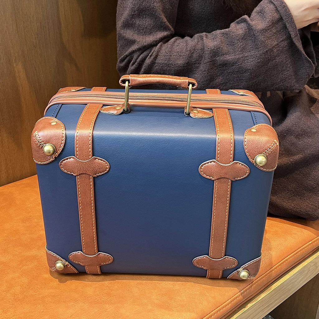Vintage Blue Leather Business Luggage 20in Carry-On + 24in Checked Travel Suitcase Spinner Wheels TSA Lock College Style Unisex
