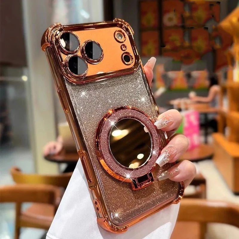 Glitter Shockproof Mirror Magnetic Bracket Case For iPhone 17 Air 16 15 14 Plus 13 12 11 Pro Max Plating For Magsafe Soft Cover