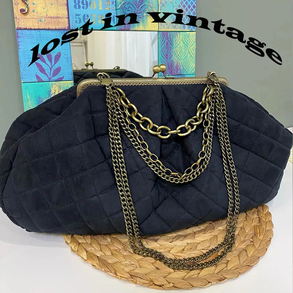 LOST IN VINTAGE Leopard Print Cotton Fabric Soft Puffy Soild Bag Balls Bronze Kiss-lock Large Purse Frame Clutch 40x24x10cm