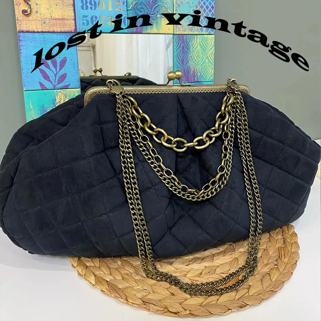 LOST IN VINTAGE Leopard Print Cotton Fabric Soft Puffy Soild Bag Balls Bronze Kiss-lock Large Purse Frame Clutch 40x24x10cm