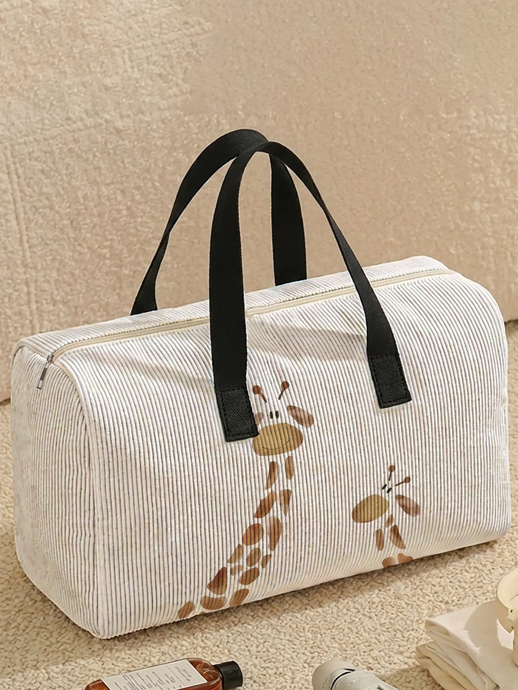 1pc, Two styles, Cute Giraffe Printed Corduroy Duffle Bag Portable Handbag suitable for Weekend Trip Sports Shopping