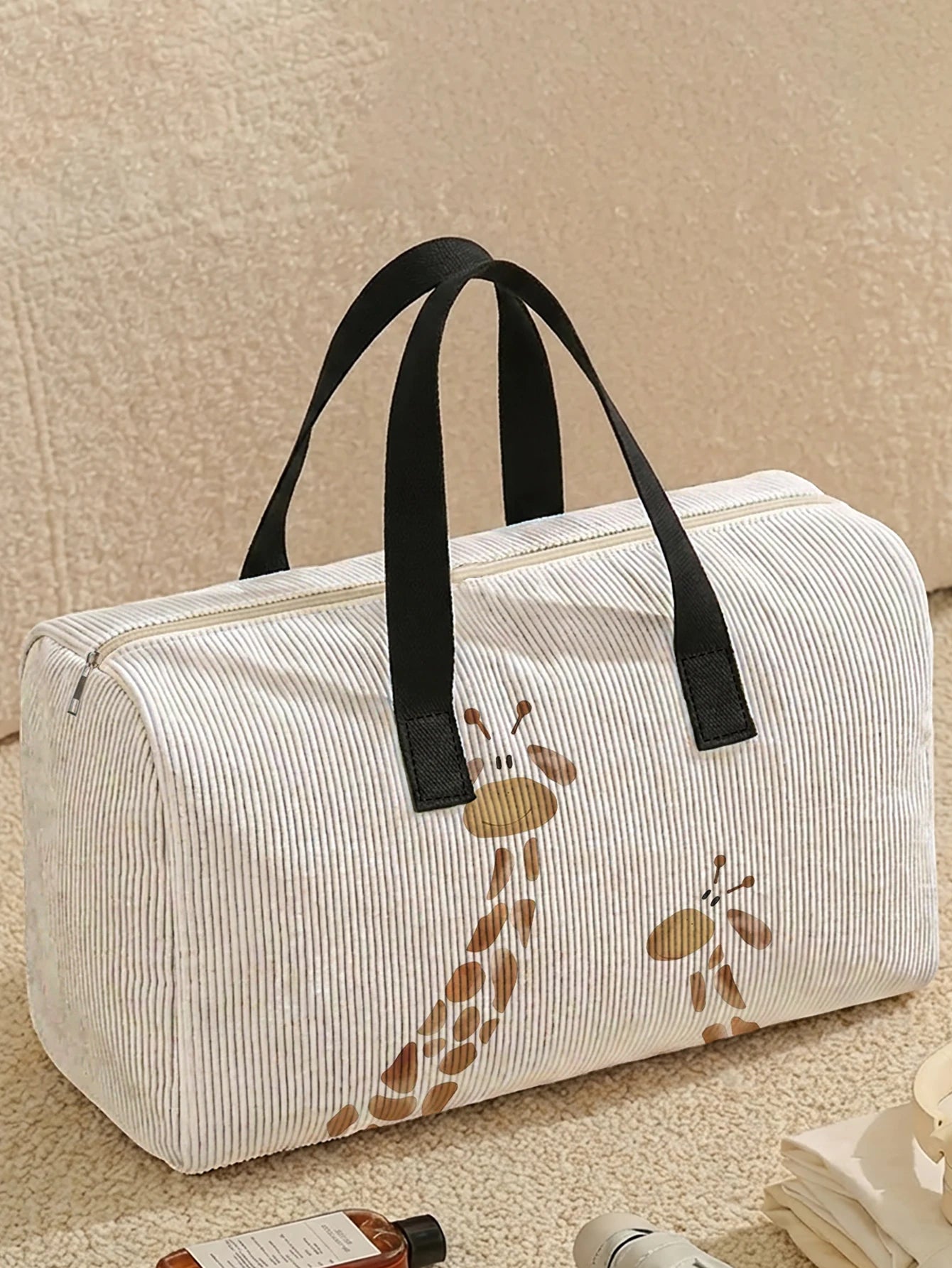 1pc, Two styles, Cute Giraffe Printed Corduroy Duffle Bag Portable Handbag suitable for Weekend Trip Sports Shopping