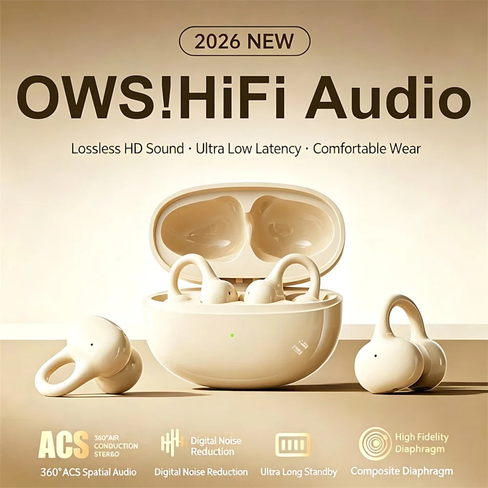 OWS Fashion Ear Clip Bluetooth Wireless Earphone Leather Texture Long Endurance Sports Run Sports Call Noise Reduction Headphone