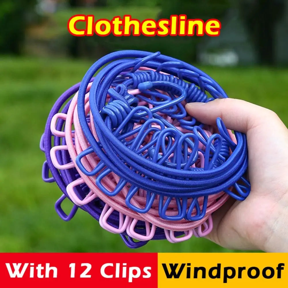 Multi-functional Windproof Clothesline with 12 Clips Colorful Clothesline Rope Travel Clothesline Outdoor