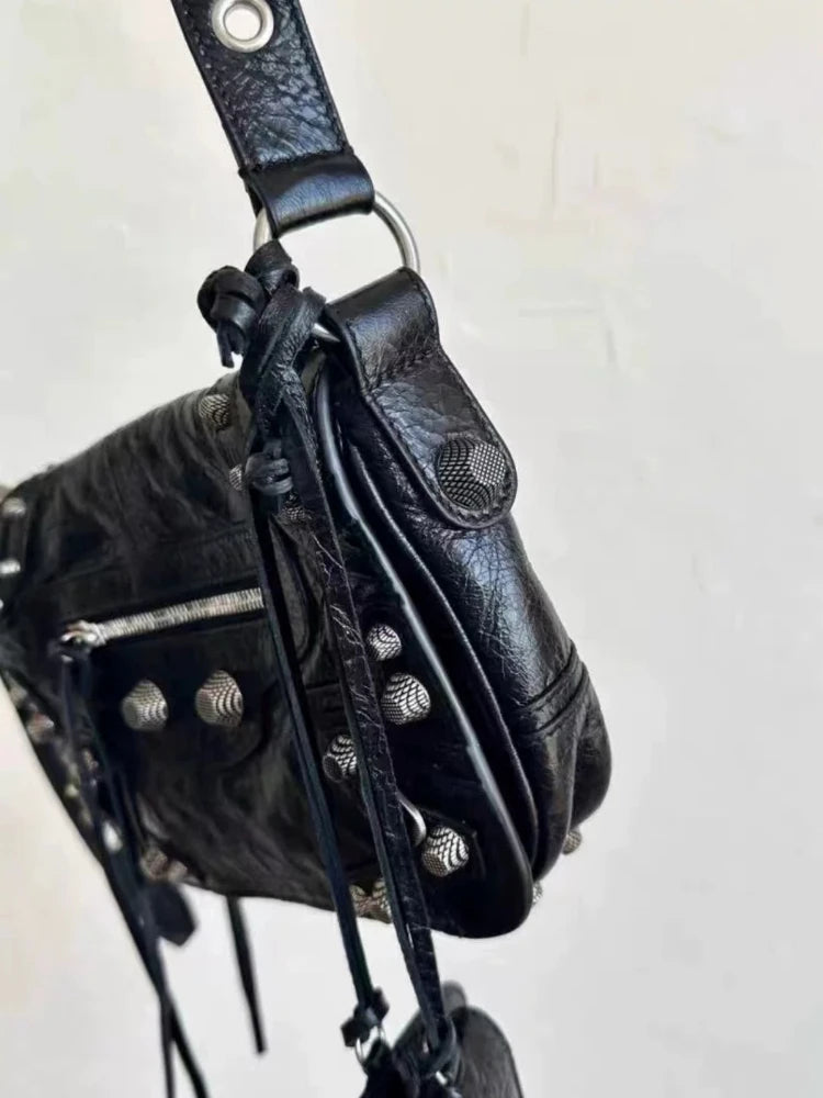 Unisex Oil Wax Leather Motorcycle Crossbody Bag Cowhide Rivet Flip Cover Street Style Soft Square Shape Shoulder Bag for Men...